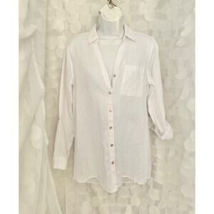 Sigrid Olsen Women's White 100% Linen Button Down VNeck Collar Blouse Shirt Sz S